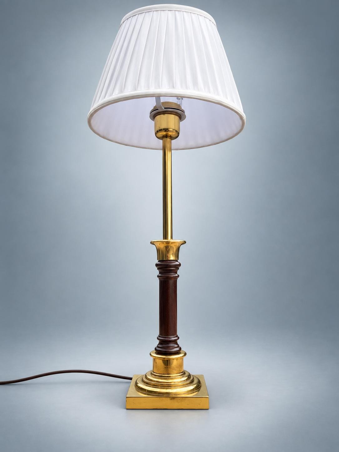 Vintage Brass Column Table Lamp with Dark Turned Column Accent — Stepped Square Base, Pleated Shade
