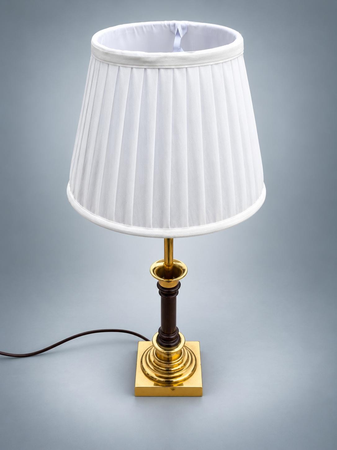 Vintage Brass Column Table Lamp with Dark Turned Column Accent — Stepped Square Base, Pleated Shade