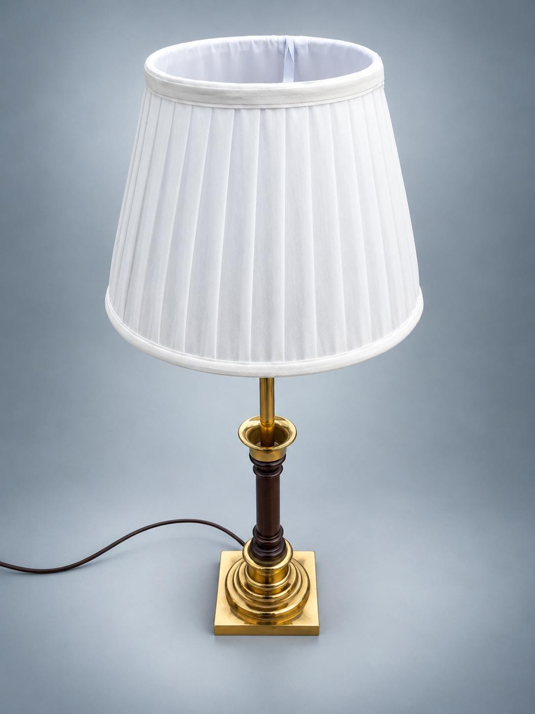 Vintage Brass Column Table Lamp with Dark Turned Column Accent — Stepped Square Base, Pleated Shade