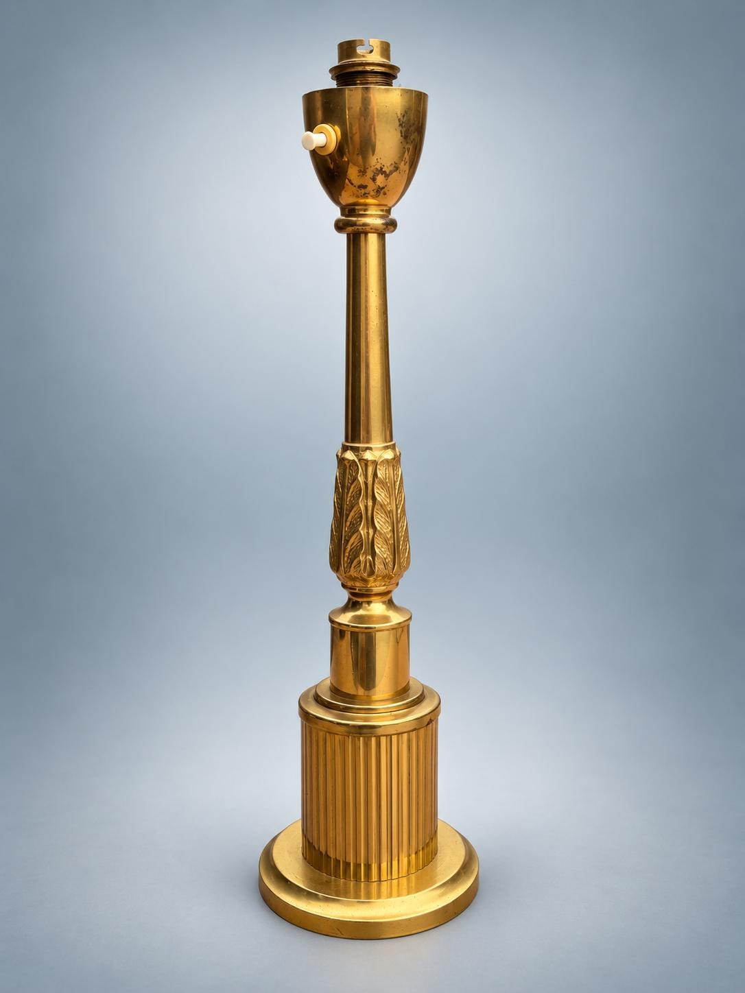 Vintage Brass Column Table Lamp with Dark Turned Column Accent — Stepped Square Base, Pleated Shade