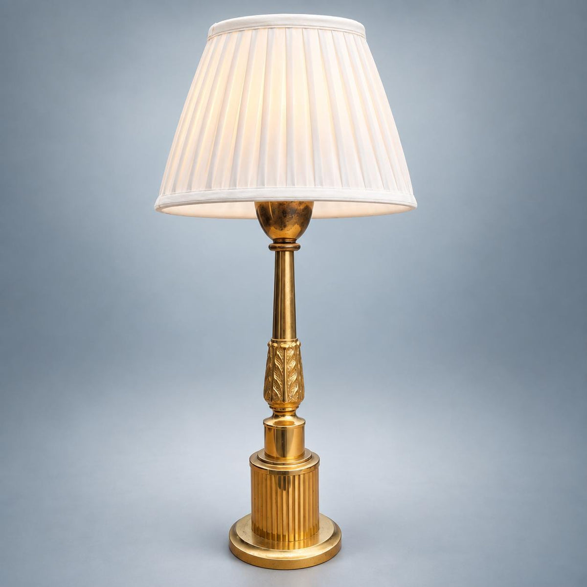Vintage Brass Column Table Lamp with Dark Turned Column Accent — Stepped Square Base, Pleated Shade