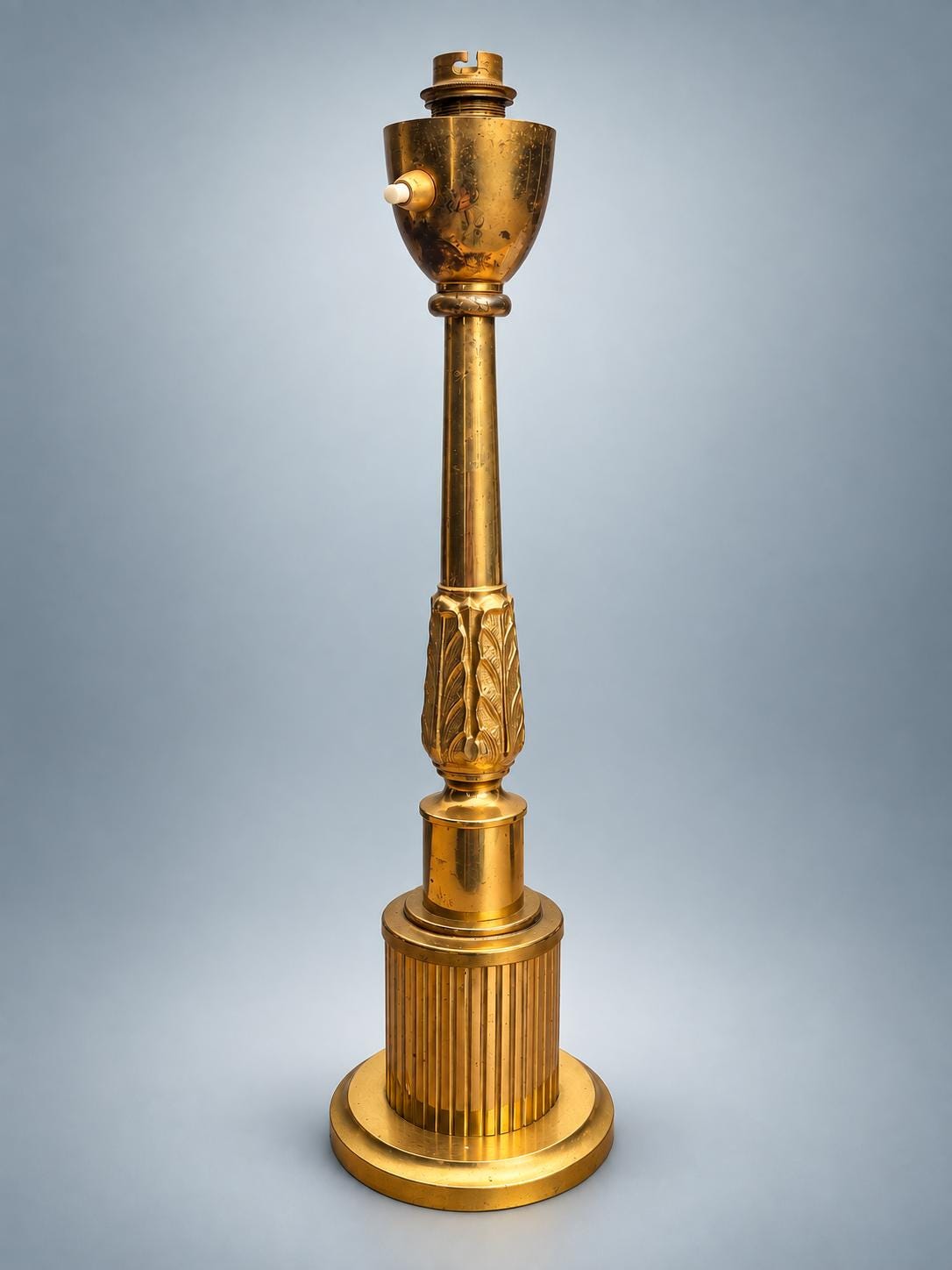 Vintage Brass Column Table Lamp with Dark Turned Column Accent — Stepped Square Base, Pleated Shade
