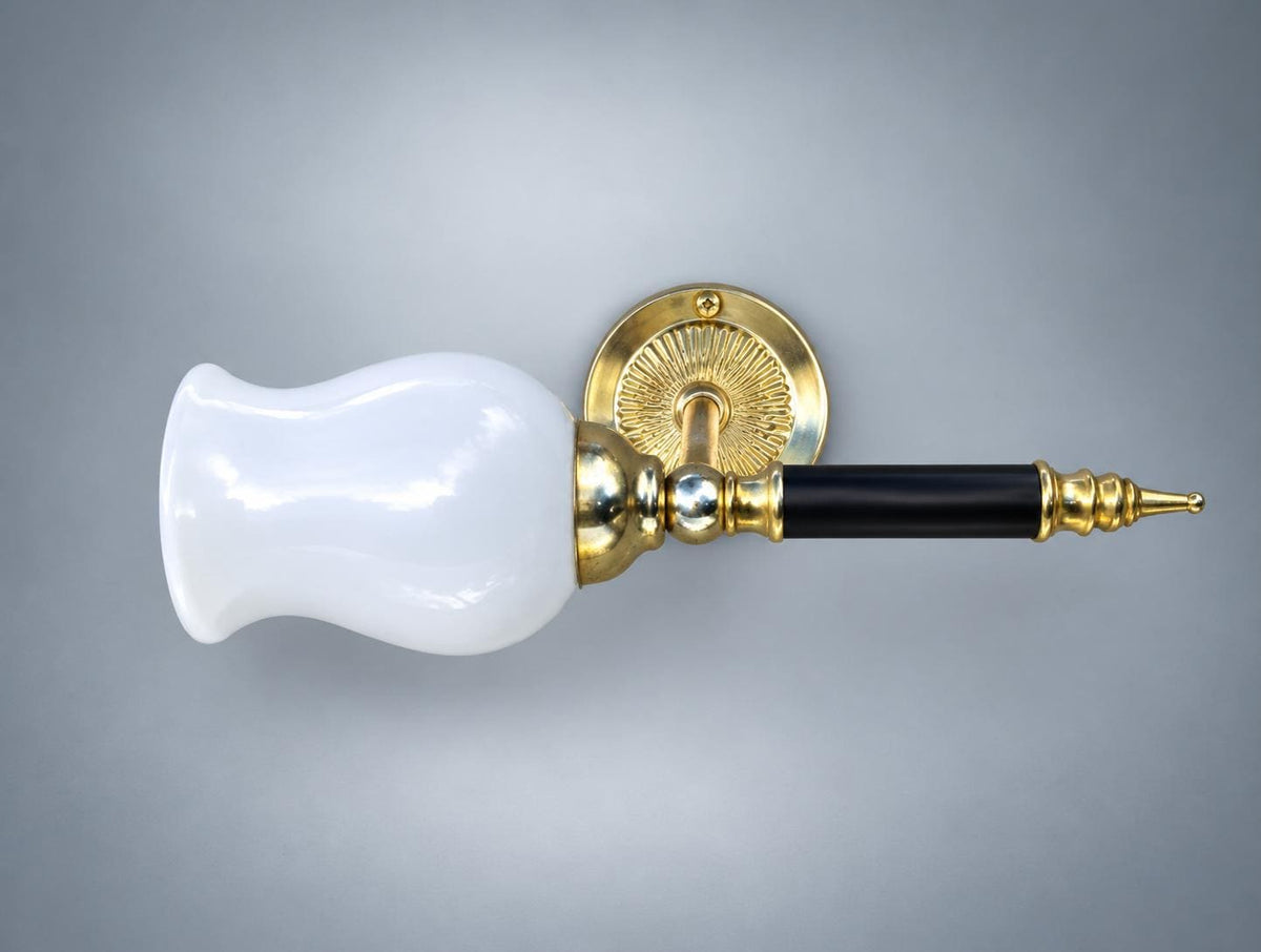 Antique French Brass Wall Sconce with Milk Glass Tulip Shade — Single-Arm Sconce with Turned Ebonised Column