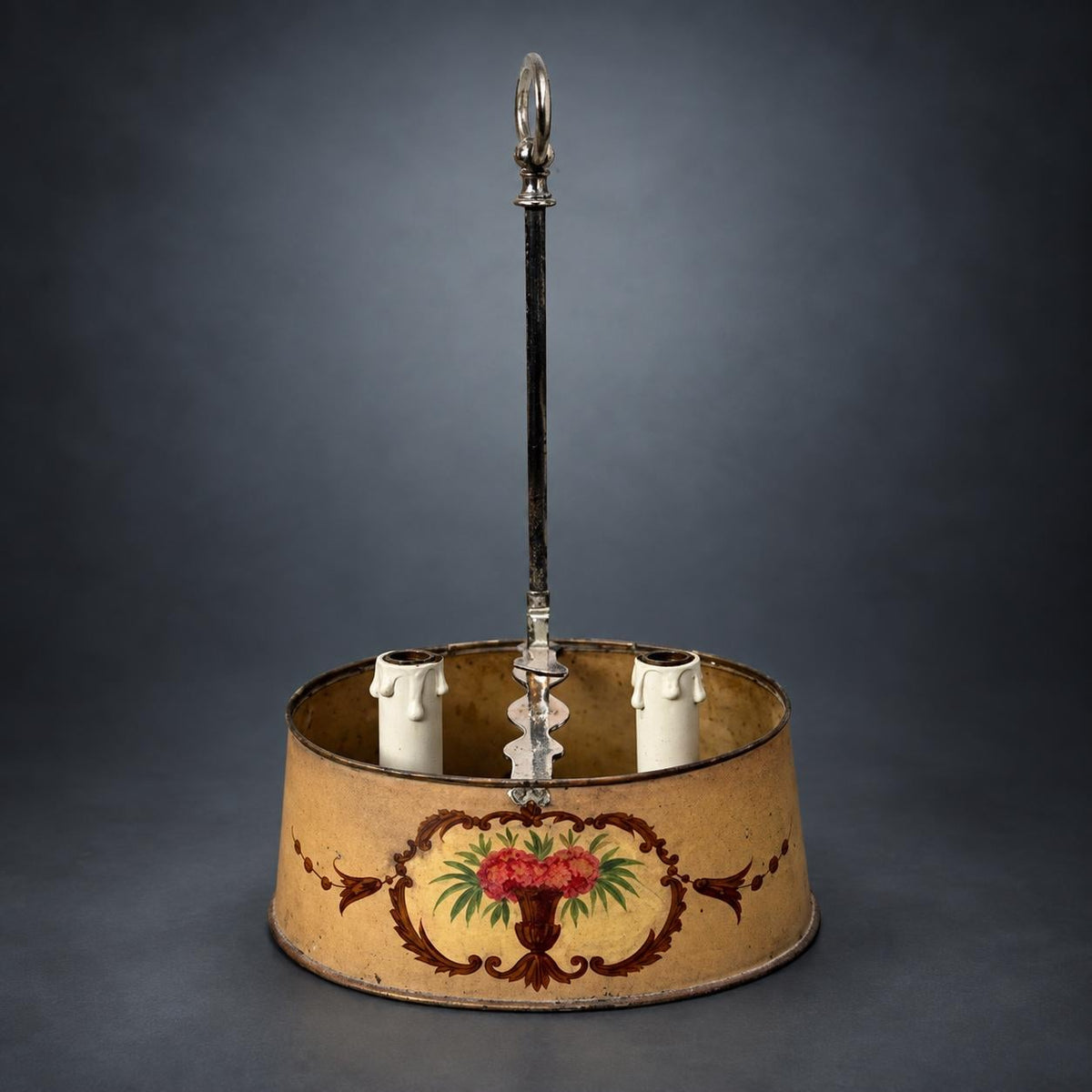 Two-Light Desk Lamp with Painted Metal Tôle Shade, Rose Urn Decoration, Silver-Tone Candle Arms, French Country Style