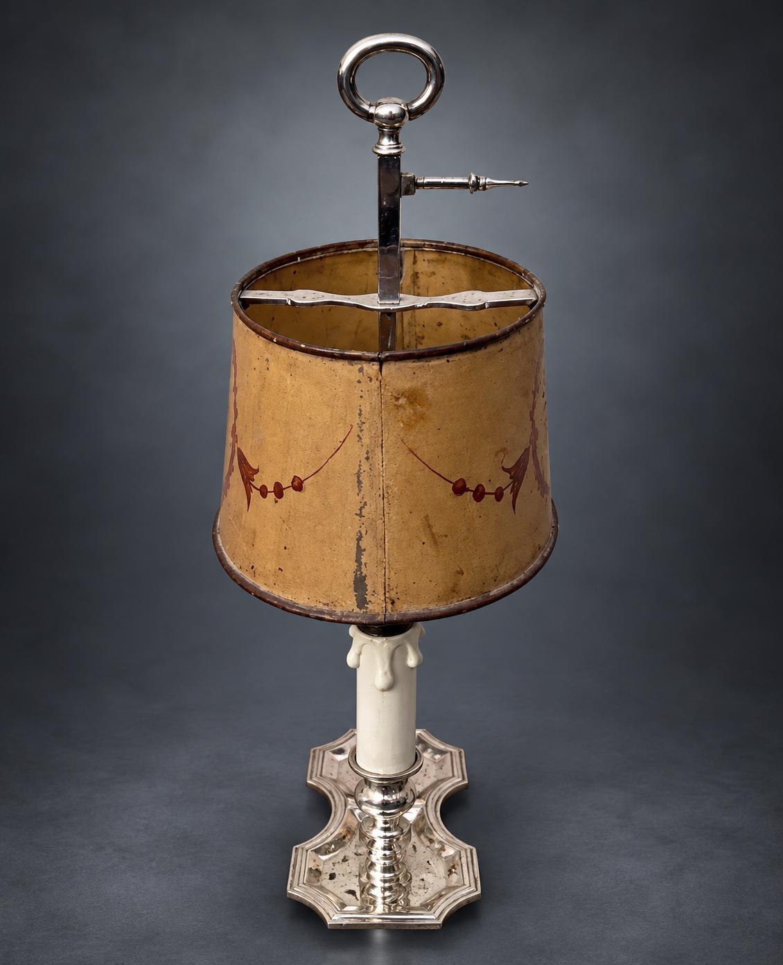 Two-Light Desk Lamp with Painted Metal Tôle Shade, Rose Urn Decoration, Silver-Tone Candle Arms, French Country Style