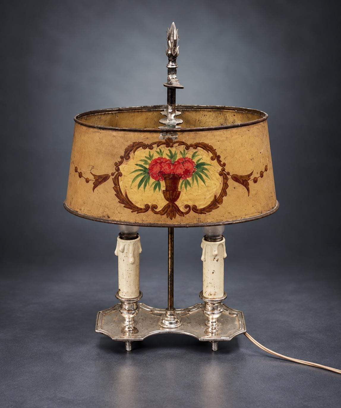 Two-Light Desk Lamp with Painted Metal Tôle Shade, Rose Urn Decoration, Silver-Tone Candle Arms, French Country Style