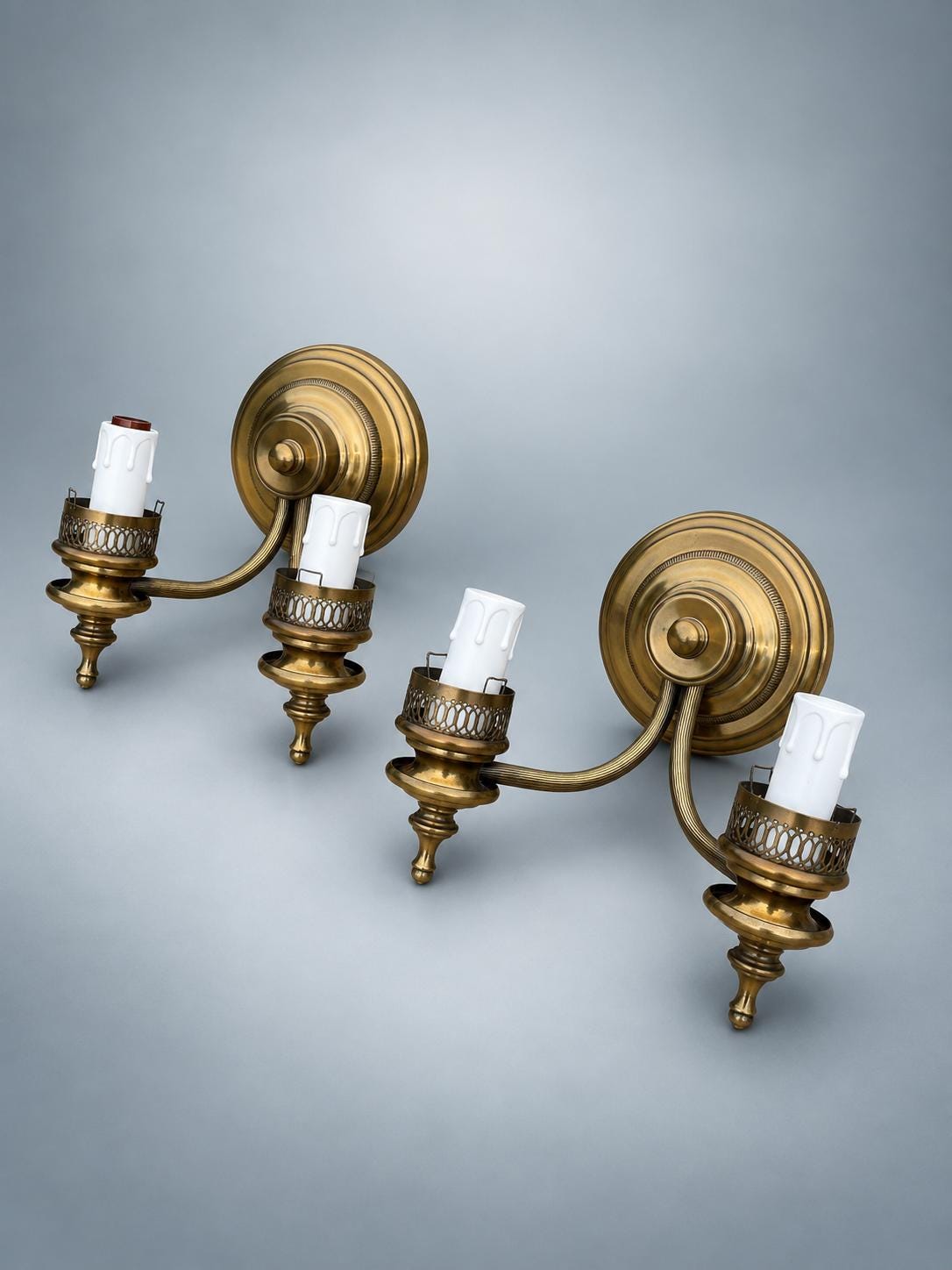 Pair of French Style Brass Two-Light Wall Sconces — Scrolled Arms with Pierced Candle Cup Galleries