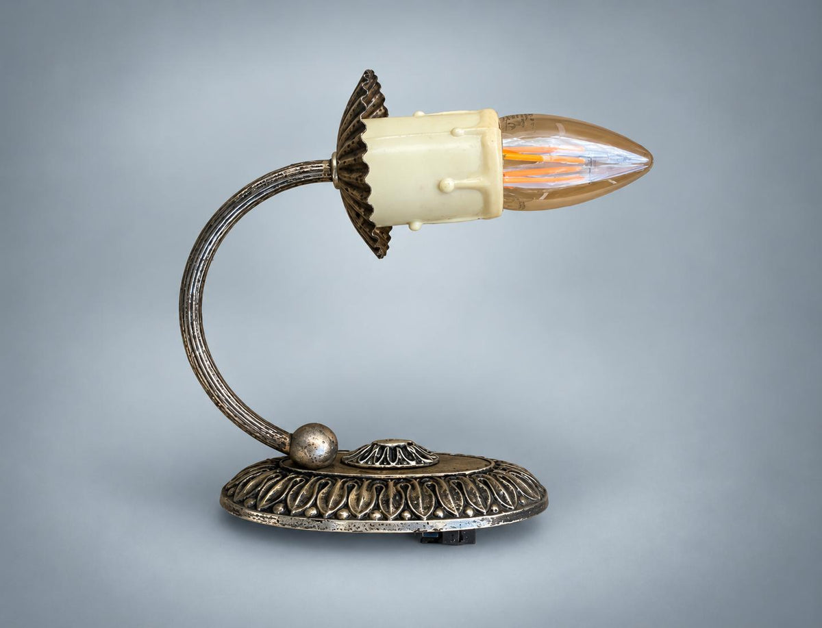 Pair of Vintage Silvered Metal Wall Sconces — Pierced Oval Backplate with Scrolled Ring Arm, Pleated Shades