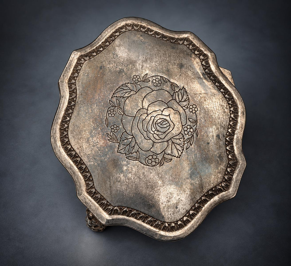 Silver-Tone Metal Jewelry Casket on Lion Mask and Paw Feet, Serpentine Outline, Engraved Lid, Louis XV Style Trinket Box