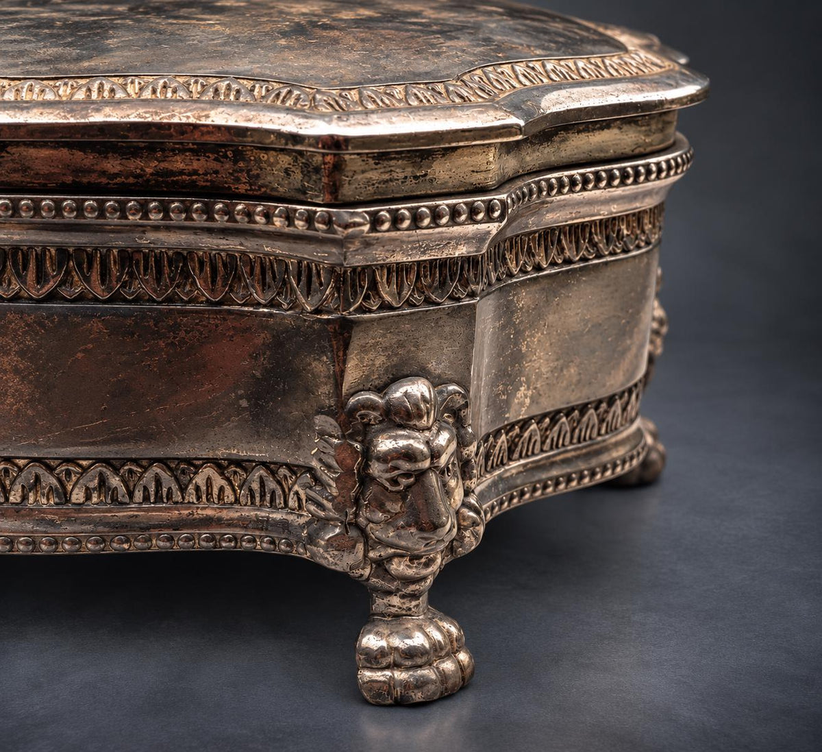 Silver-Tone Metal Jewelry Casket on Lion Mask and Paw Feet, Serpentine Outline, Engraved Lid, Louis XV Style Trinket Box