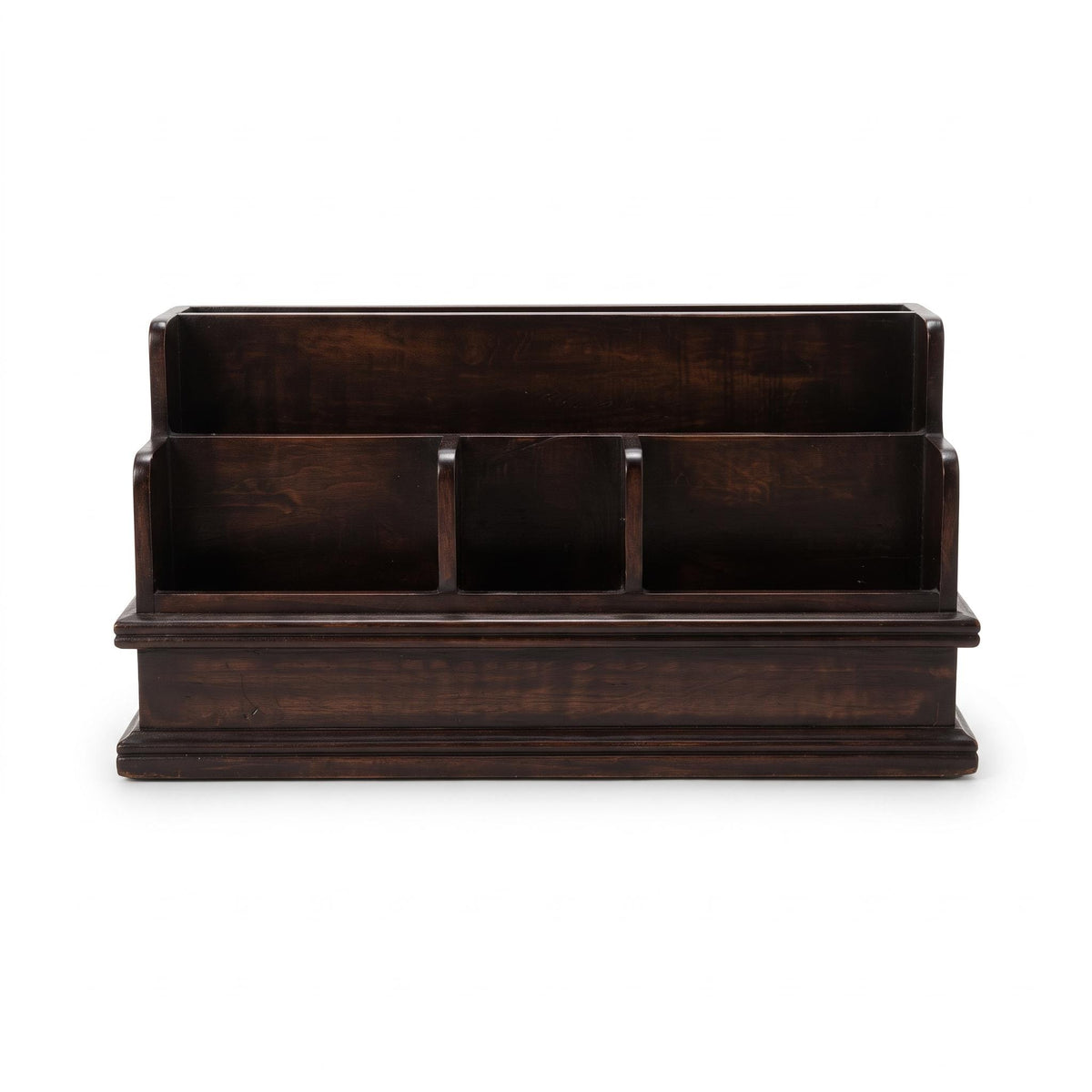 Tiered Wooden Letter Rack in Dark Mahogany-Tone Finish, Four Slots, Moulded Base, Desk Organizer