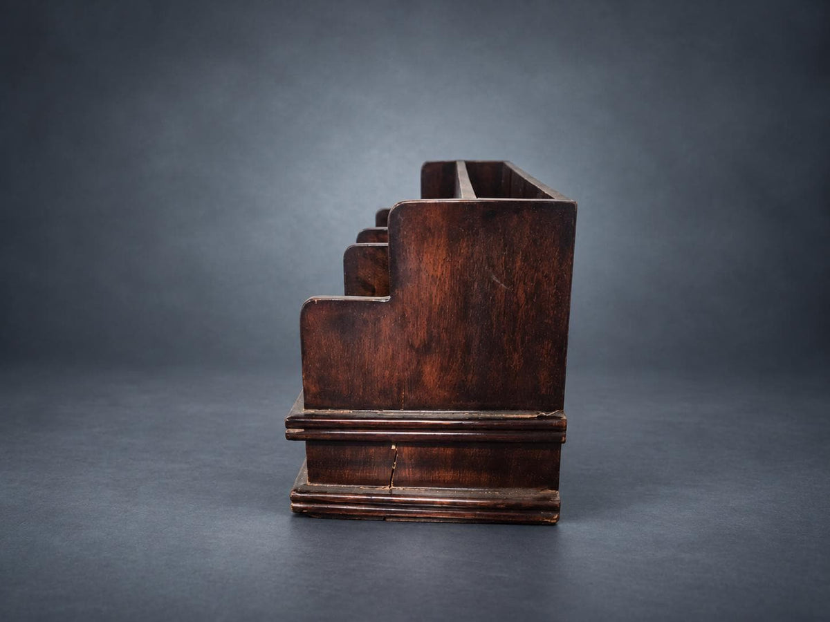 Tiered Wooden Letter Rack in Dark Mahogany-Tone Finish, Four Slots, Moulded Base, Desk Organizer