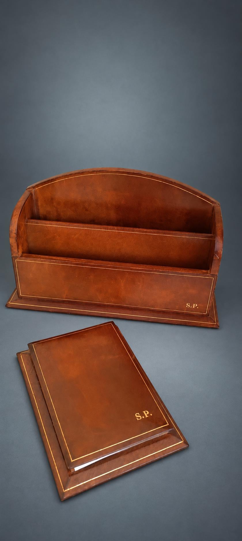 Leather Desk Letter Holder with Gilt-Tooled Borders, Matching Notebook and Pencil, Monogrammed S.P., Desk Set