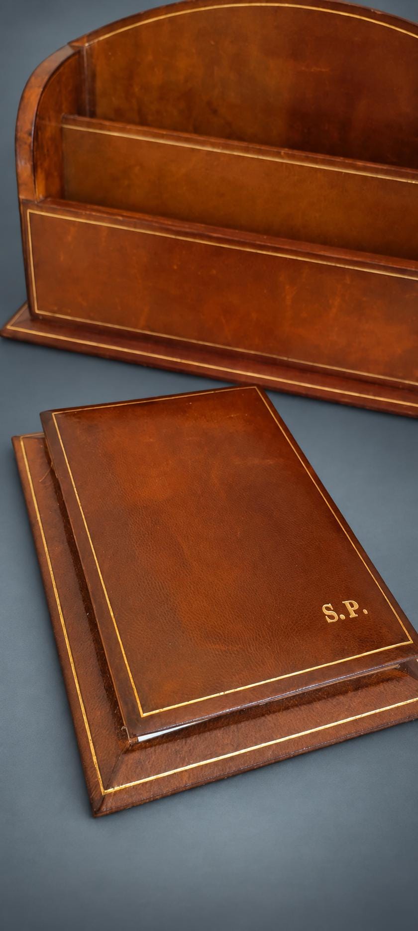 Leather Desk Letter Holder with Gilt-Tooled Borders, Matching Notebook and Pencil, Monogrammed S.P., Desk Set