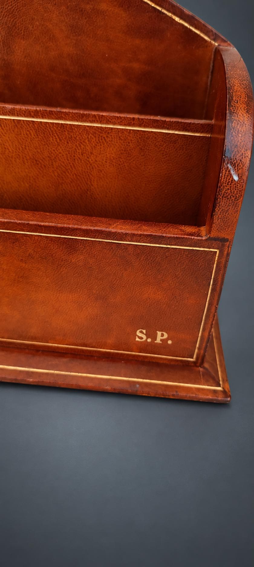 Leather Desk Letter Holder with Gilt-Tooled Borders, Matching Notebook and Pencil, Monogrammed S.P., Desk Set