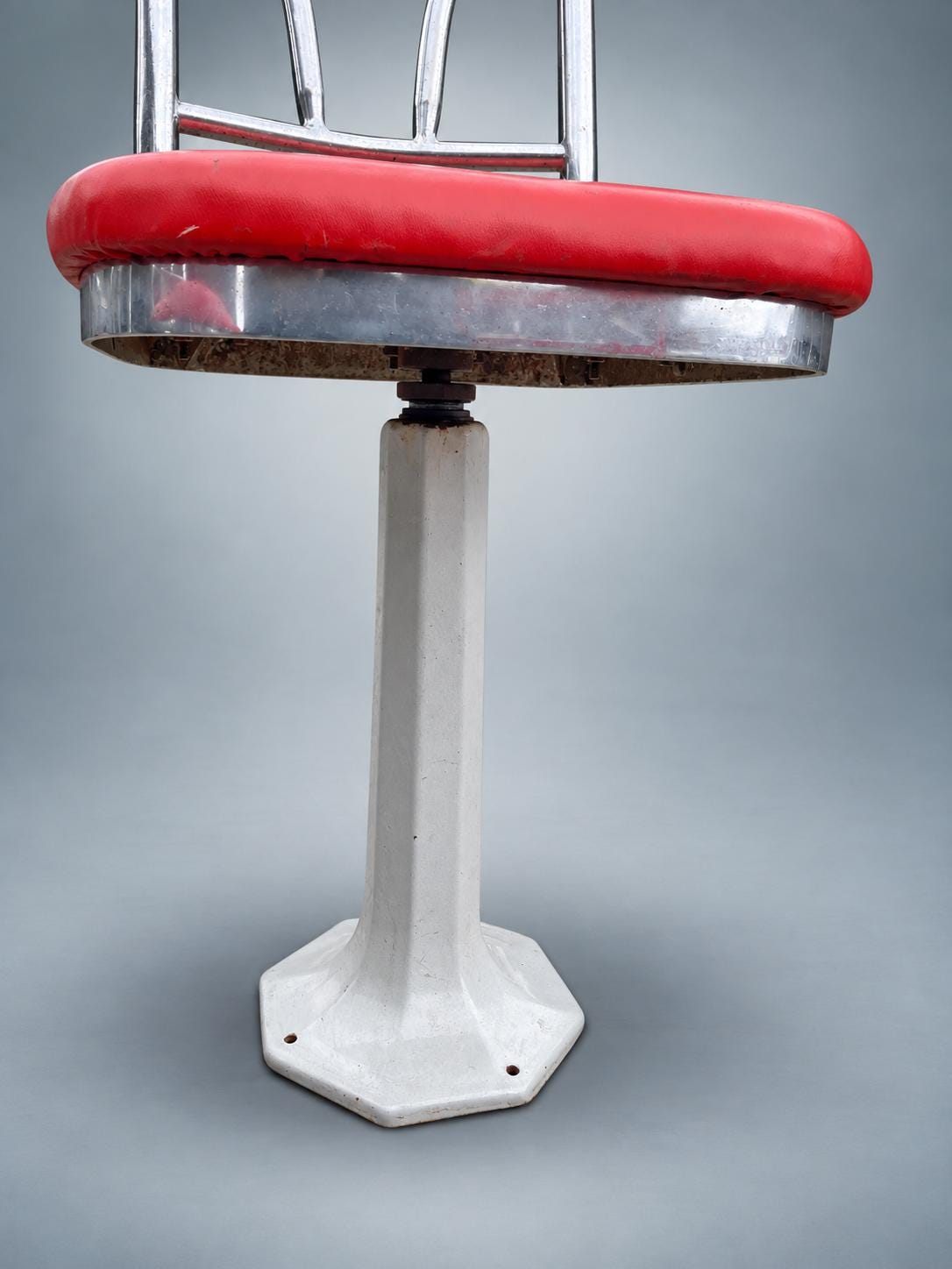 Pair of Vintage Chrome Soda Fountain Chairs — Swivel Pedestal Diner Stools with Red Vinyl Seats