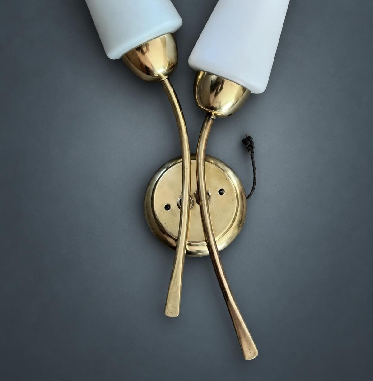1960s Style Double Wall Sconce, Crossed Gold-Tone Arms, Milky White Glass Cone Shades, Mid-Century Wall Light