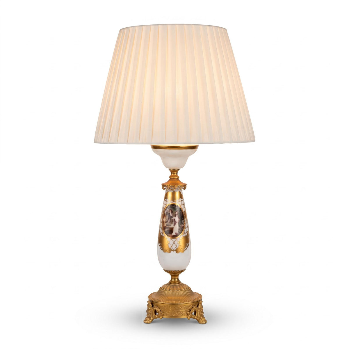 Large Painted Ceramic Table Lamp with Gilt Trellis and Romantic Scene Reserve, Ornate Gold-Tone Base, Pleated Shade, 75 cm