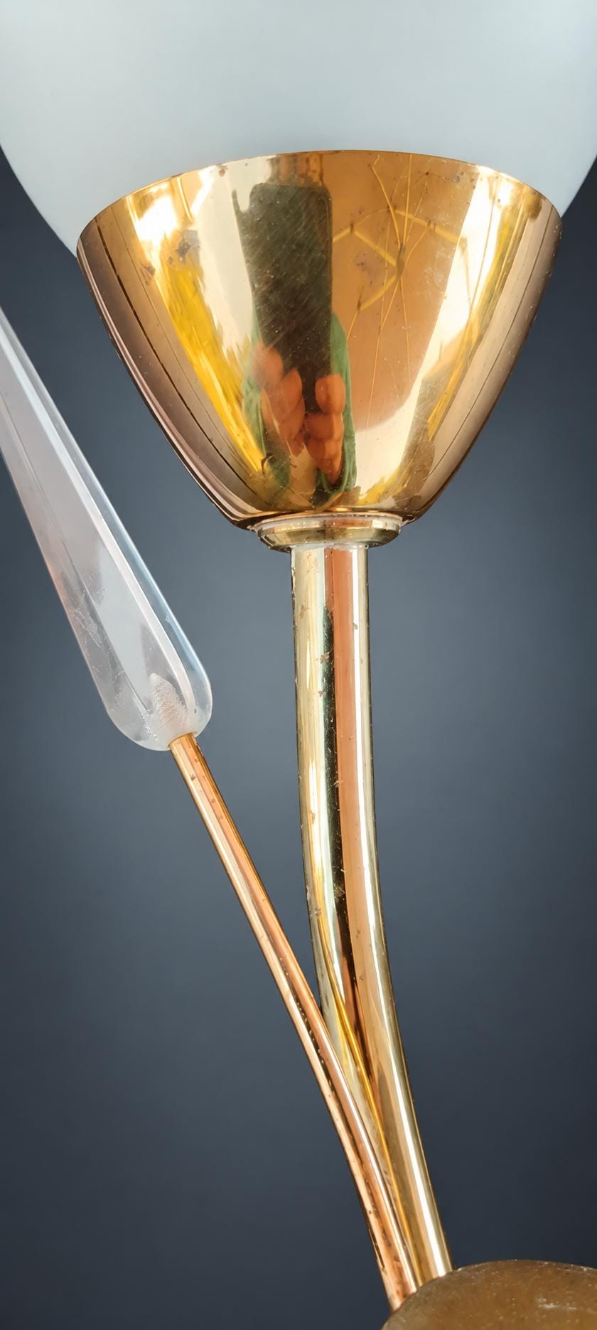 Pair of Tulip Wall Sconces, Satin White Glass Shades, Gold-Tone Stems and Triangular Plates, Clear Acrylic Accents, 1950s–60s Style