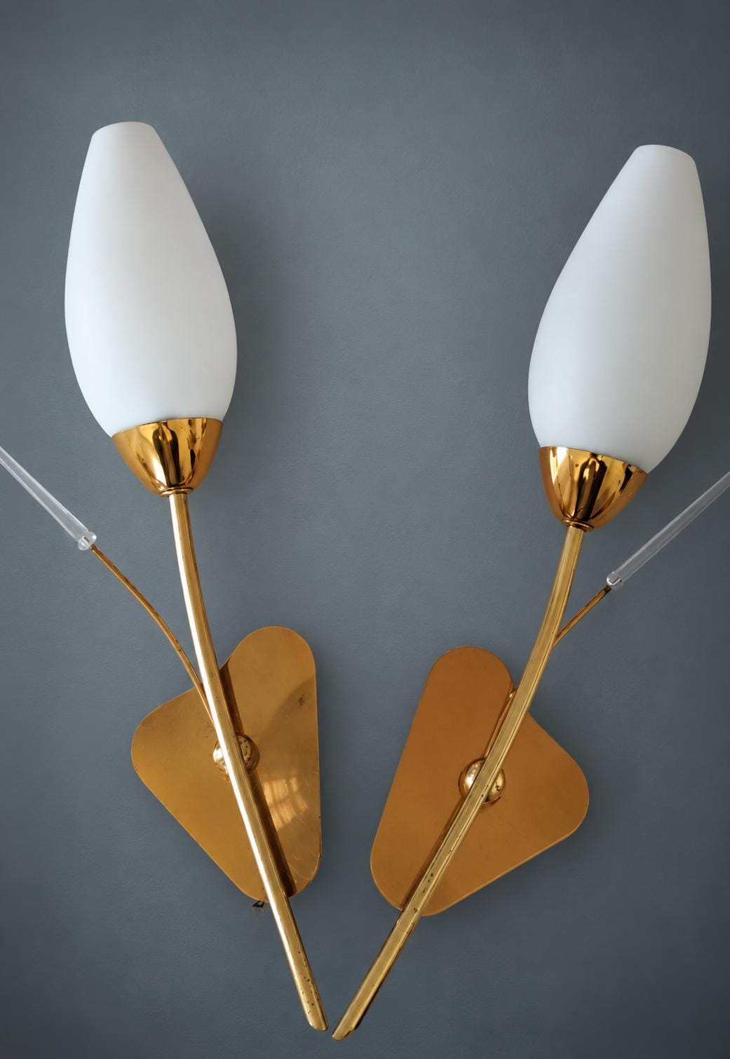Pair of Tulip Wall Sconces, Satin White Glass Shades, Gold-Tone Stems and Triangular Plates, Clear Acrylic Accents, 1950s–60s Style