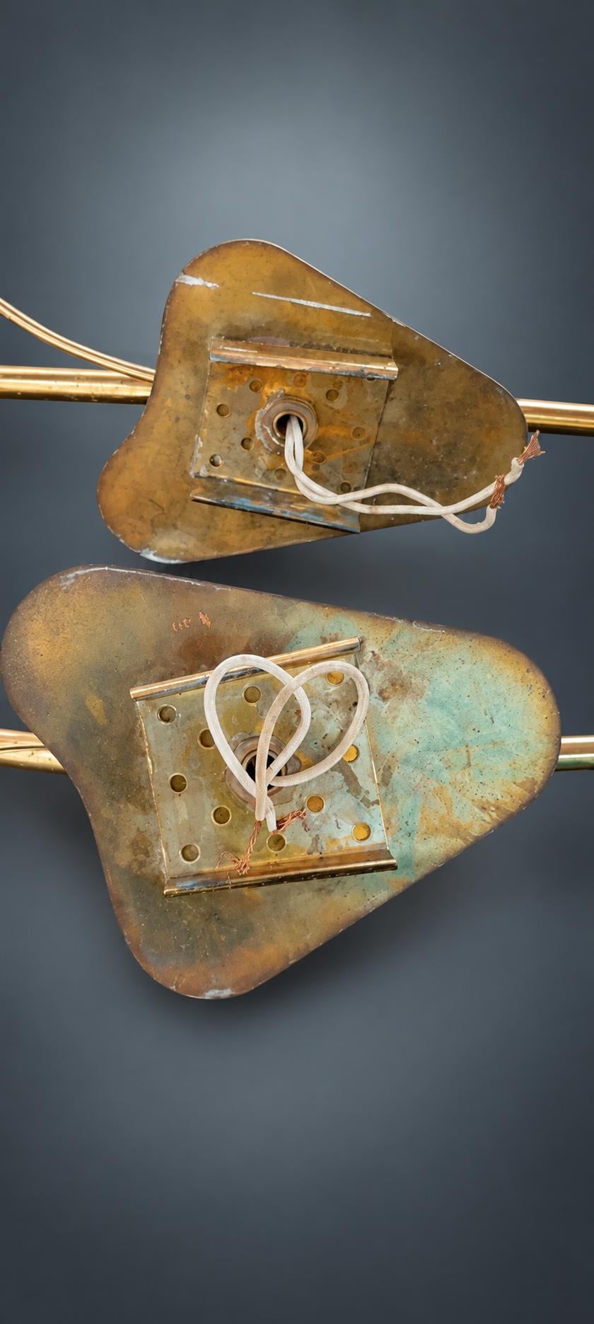 Pair of Tulip Wall Sconces, Satin White Glass Shades, Gold-Tone Stems and Triangular Plates, Clear Acrylic Accents, 1950s–60s Style