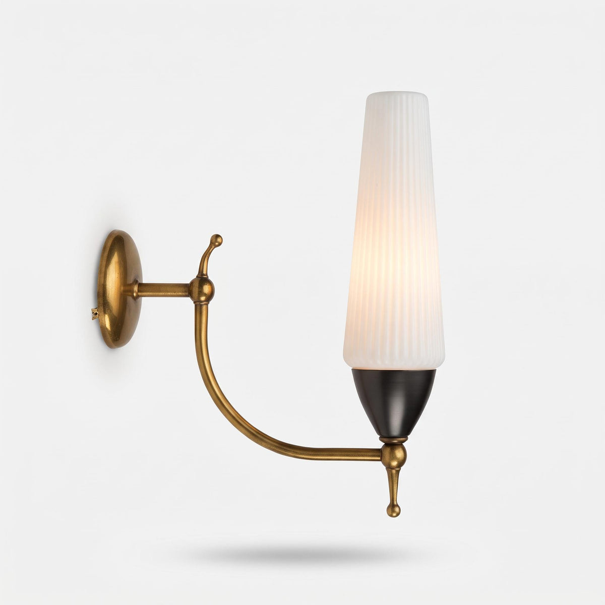 1950s Style Wall Sconce, Ribbed White Glass Shade, Curved Brass-Tone Arm with Ball Finials, Black Cup, Mid-Century Wall Light