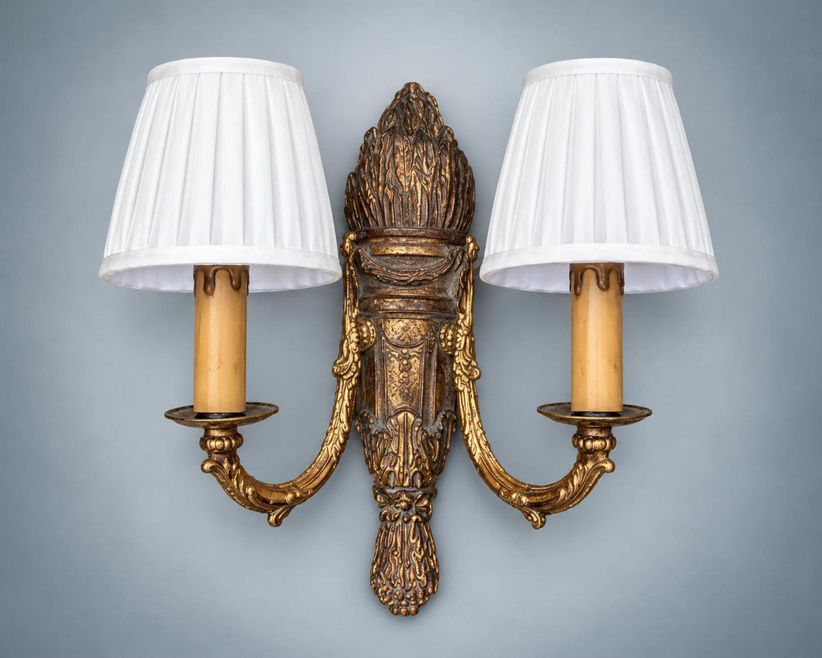 Pair of French Giltwood Two-Light Wall Sconces — Polychrome Torch-Form Sconces with Gilt Metal Scroll Arms