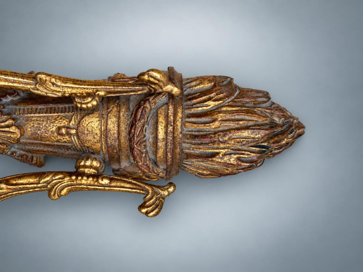 Pair of French Giltwood Two-Light Wall Sconces — Polychrome Torch-Form Sconces with Gilt Metal Scroll Arms