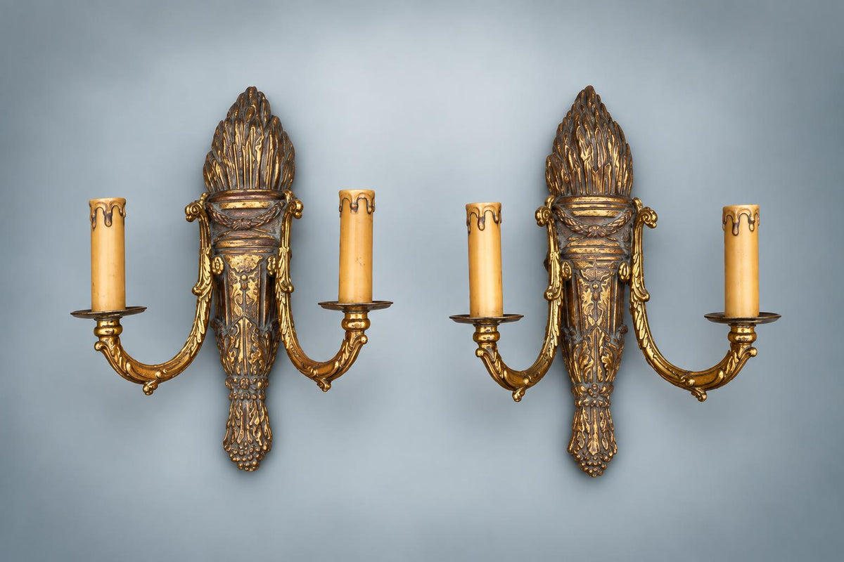Pair of French Giltwood Two-Light Wall Sconces — Polychrome Torch-Form Sconces with Gilt Metal Scroll Arms