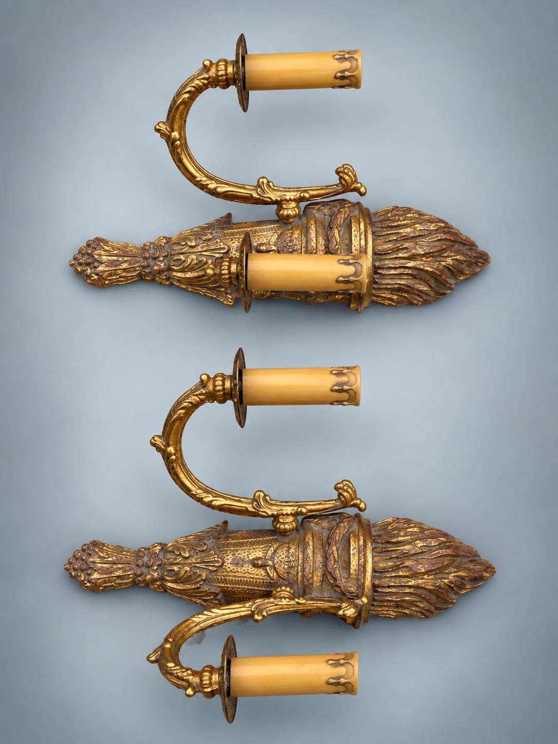 Pair of French Giltwood Two-Light Wall Sconces — Polychrome Torch-Form Sconces with Gilt Metal Scroll Arms
