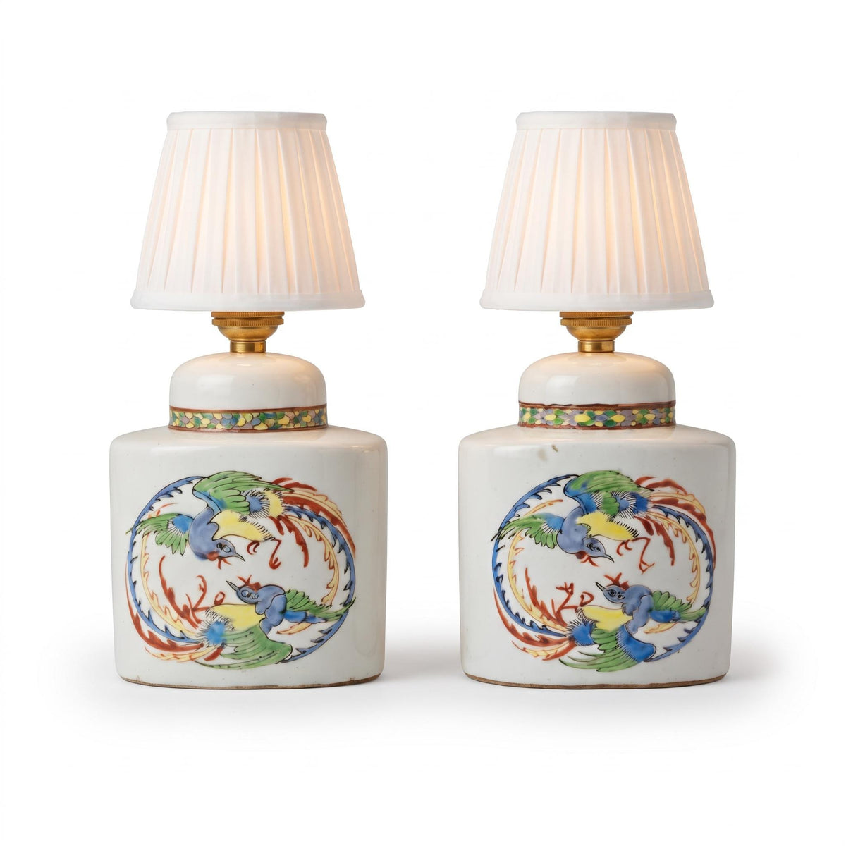 Pair of Small Chinoiserie Style Ceramic Lamps, Painted Phoenix Pair Decoration, Tea Caddy Form, Brass-Tone Fittings