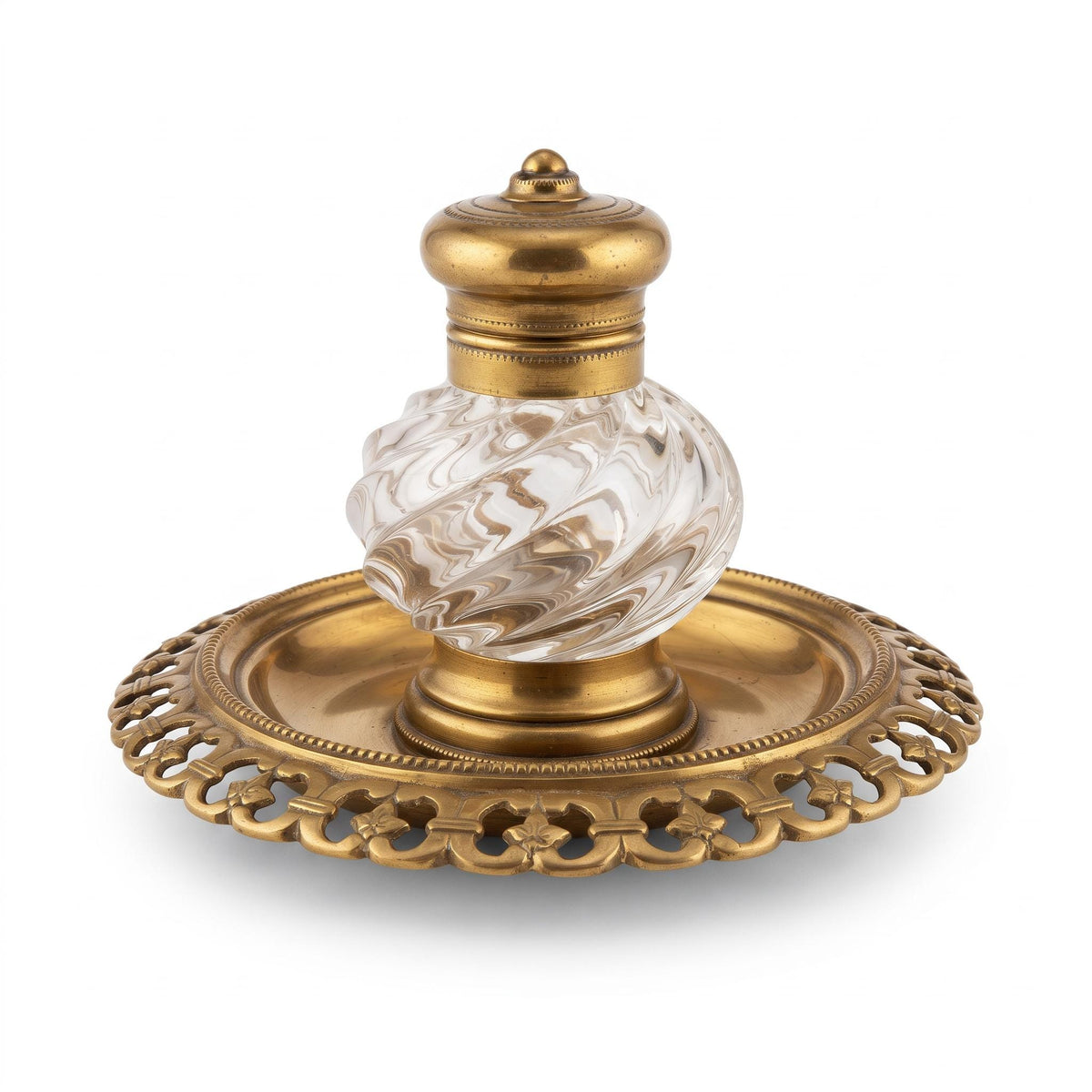Swirled Glass Inkwell with Hinged Gilt Metal Lid on Pierced Gallery Tray, Louis Philippe Style Desk Inkstand