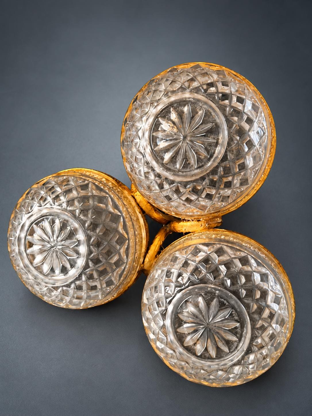 Three-Compartment Glass Serving Dish with Gilt Metal Rims and Looped Handle, Diamond and Star Pattern, Condiment Server