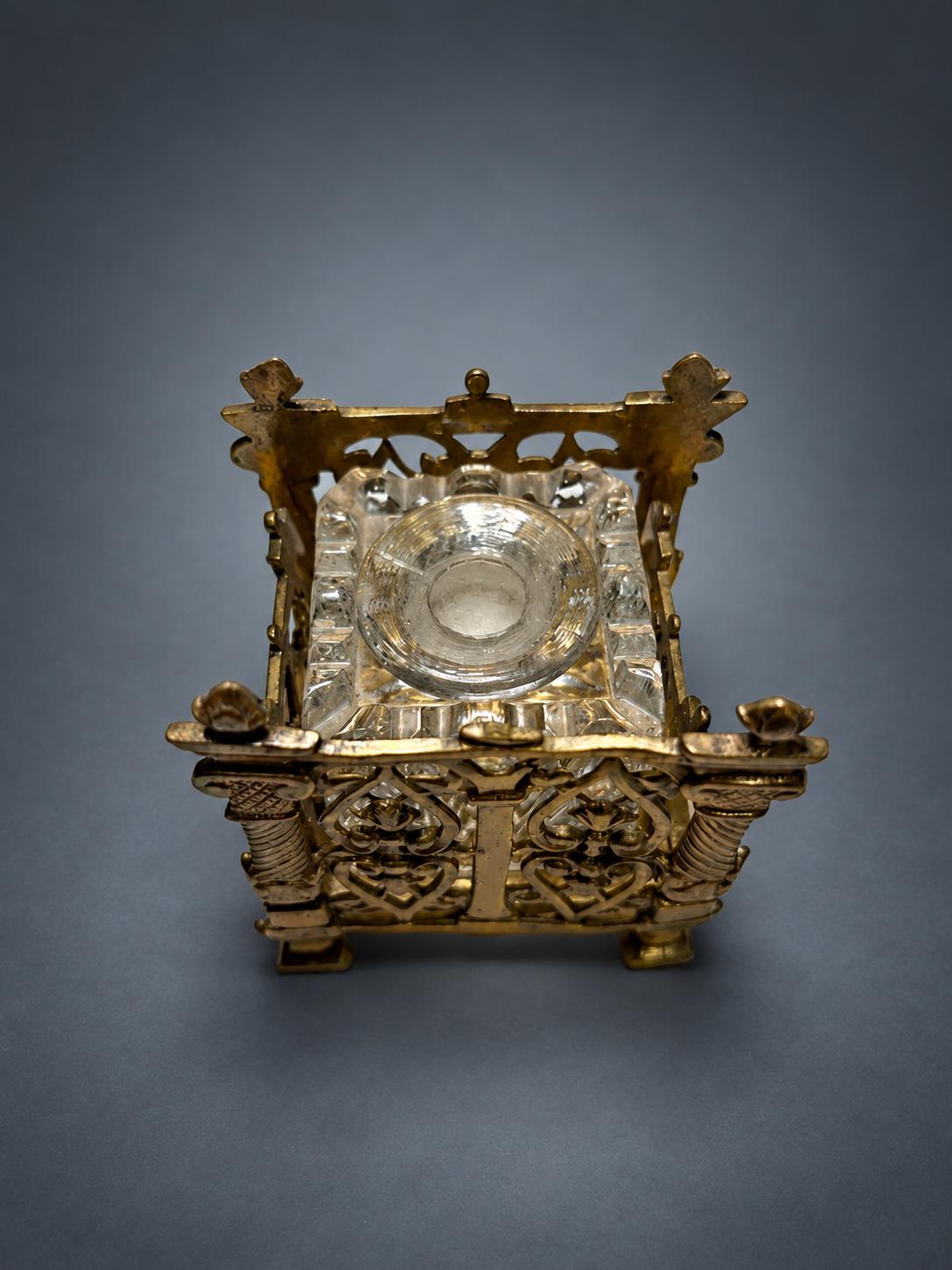 Gothic Revival Style Inkwell, Pierced Gold-Tone Metal Cage with Twisted Columns, Faceted Glass Well and Stopper