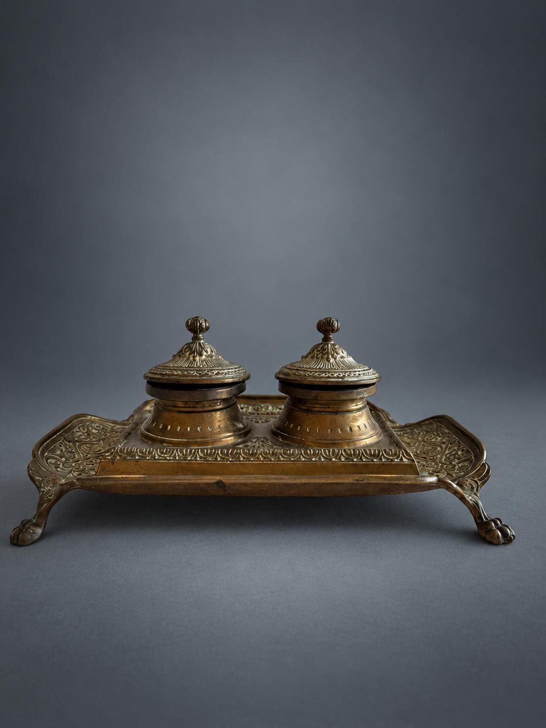 Napoleon III Style Double Inkstand, Patinated Metal with Relief Scrolls, Two Lidded Wells with Bud Finials, Paw Feet