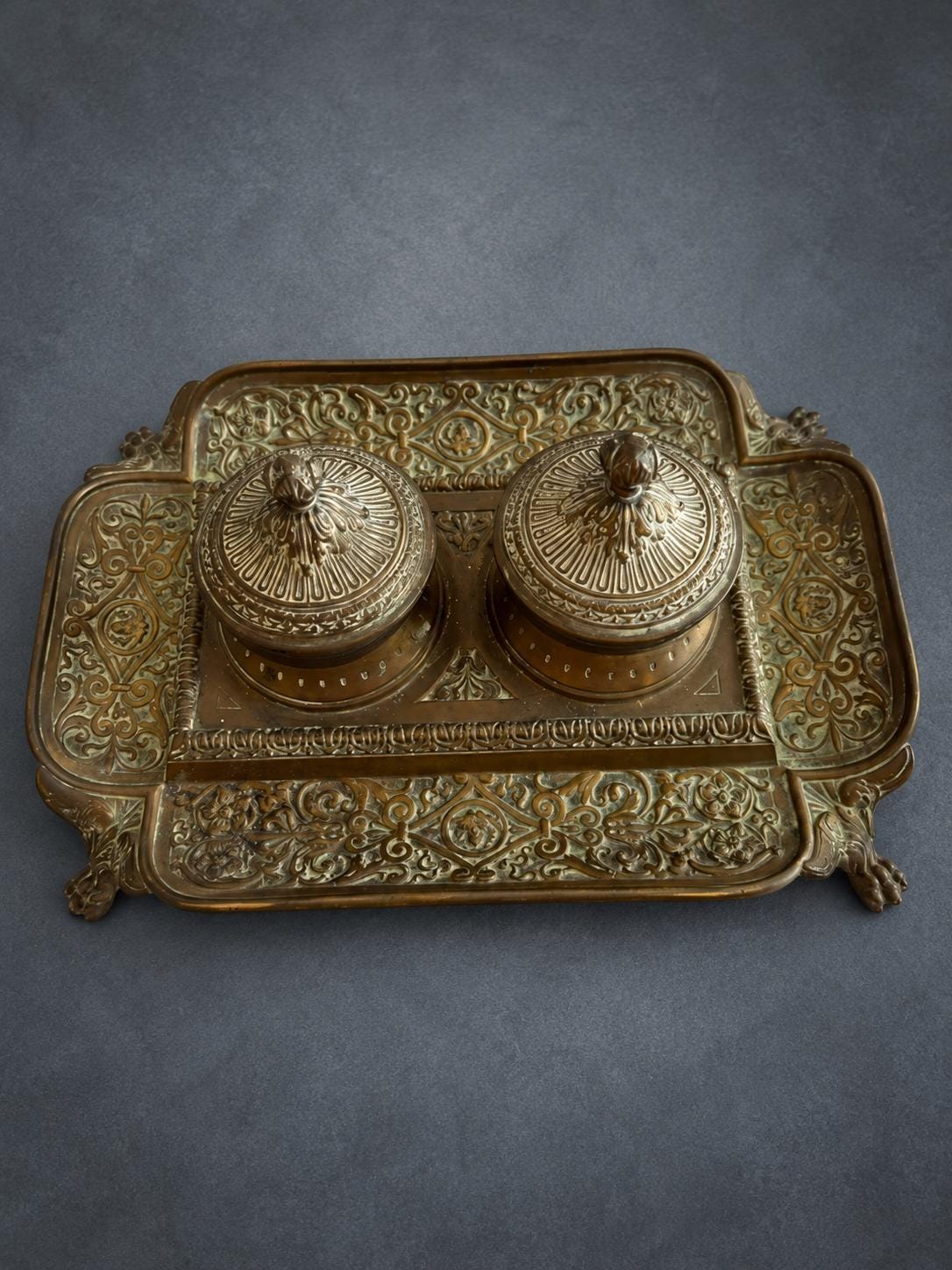 Napoleon III Style Double Inkstand, Patinated Metal with Relief Scrolls, Two Lidded Wells with Bud Finials, Paw Feet