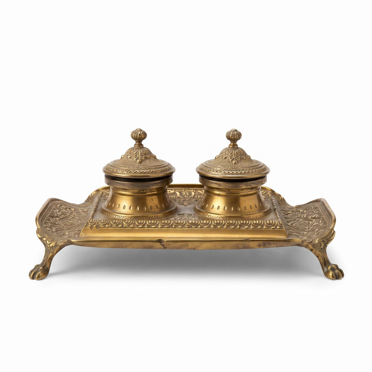 Napoleon III Style Double Inkstand, Patinated Metal with Relief Scrolls, Two Lidded Wells with Bud Finials, Paw Feet