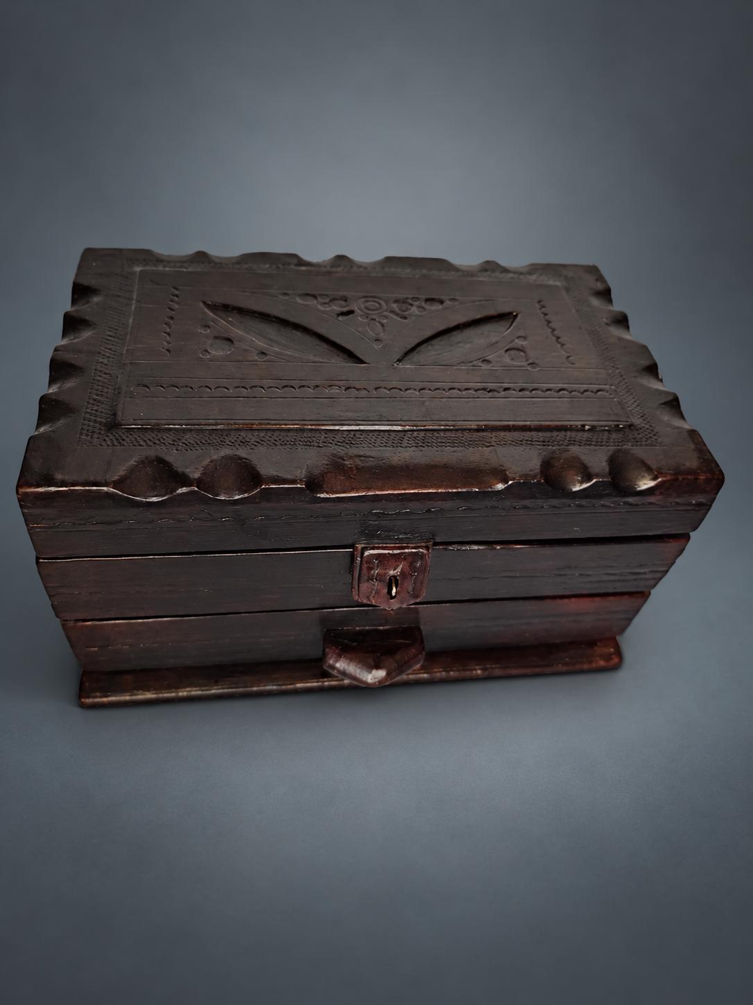 Tooled Leather Jewelry Box with Drawer, Dark Brown Leather with Cut Geometric Motifs, Leather Strap and Hasp