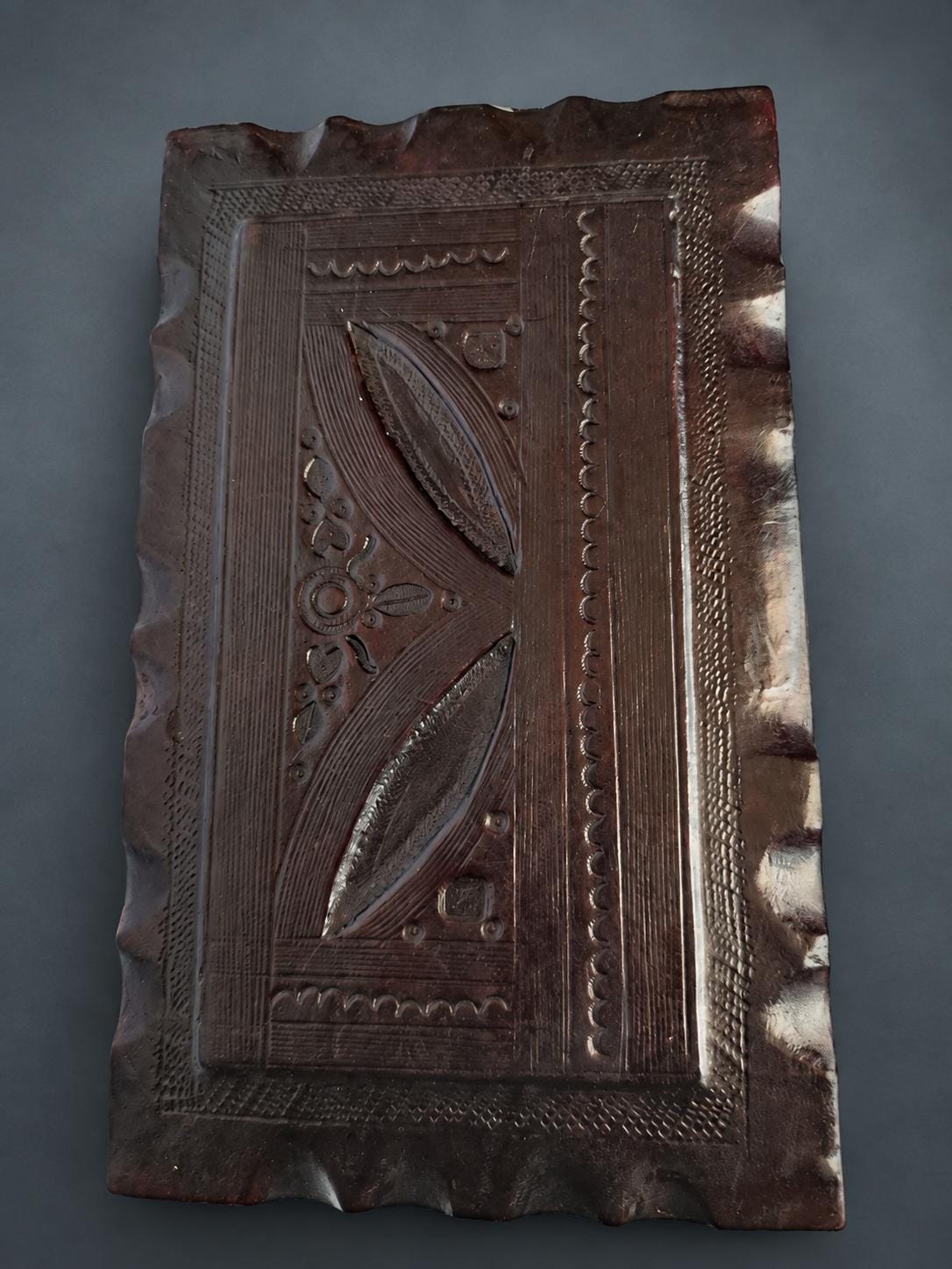 Tooled Leather Jewelry Box with Drawer, Dark Brown Leather with Cut Geometric Motifs, Leather Strap and Hasp