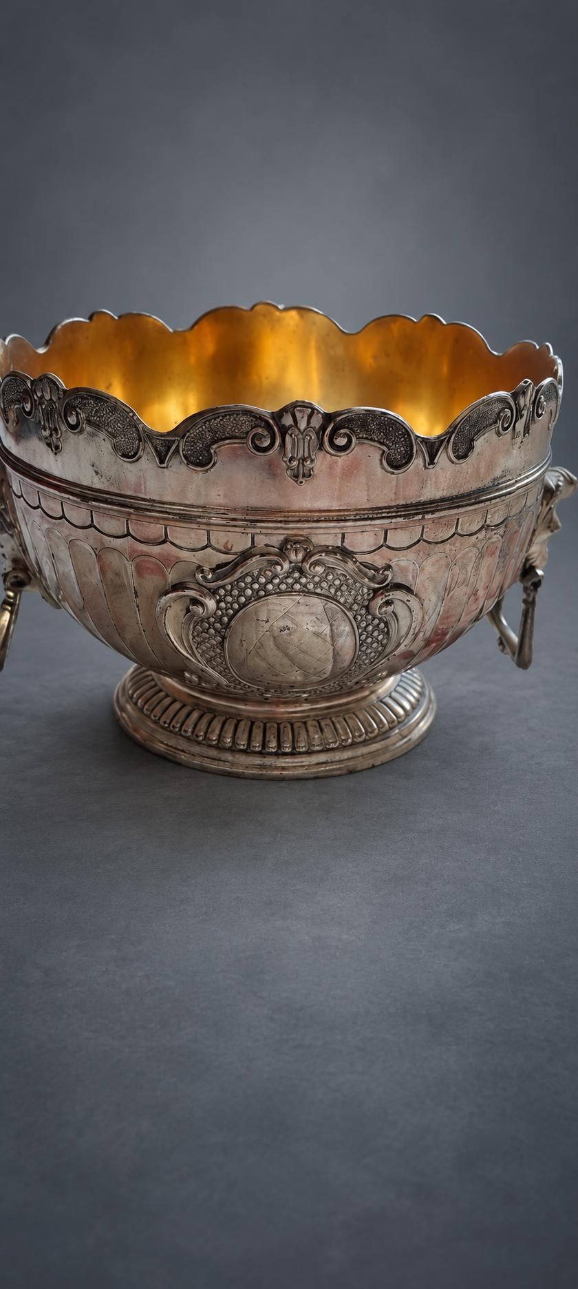 Monteith Style Bowl in Silver-Tone Metal with Gilt-Tone Interior, Lion Mask Ring Handles, Scalloped Rim, Blank Cartouche