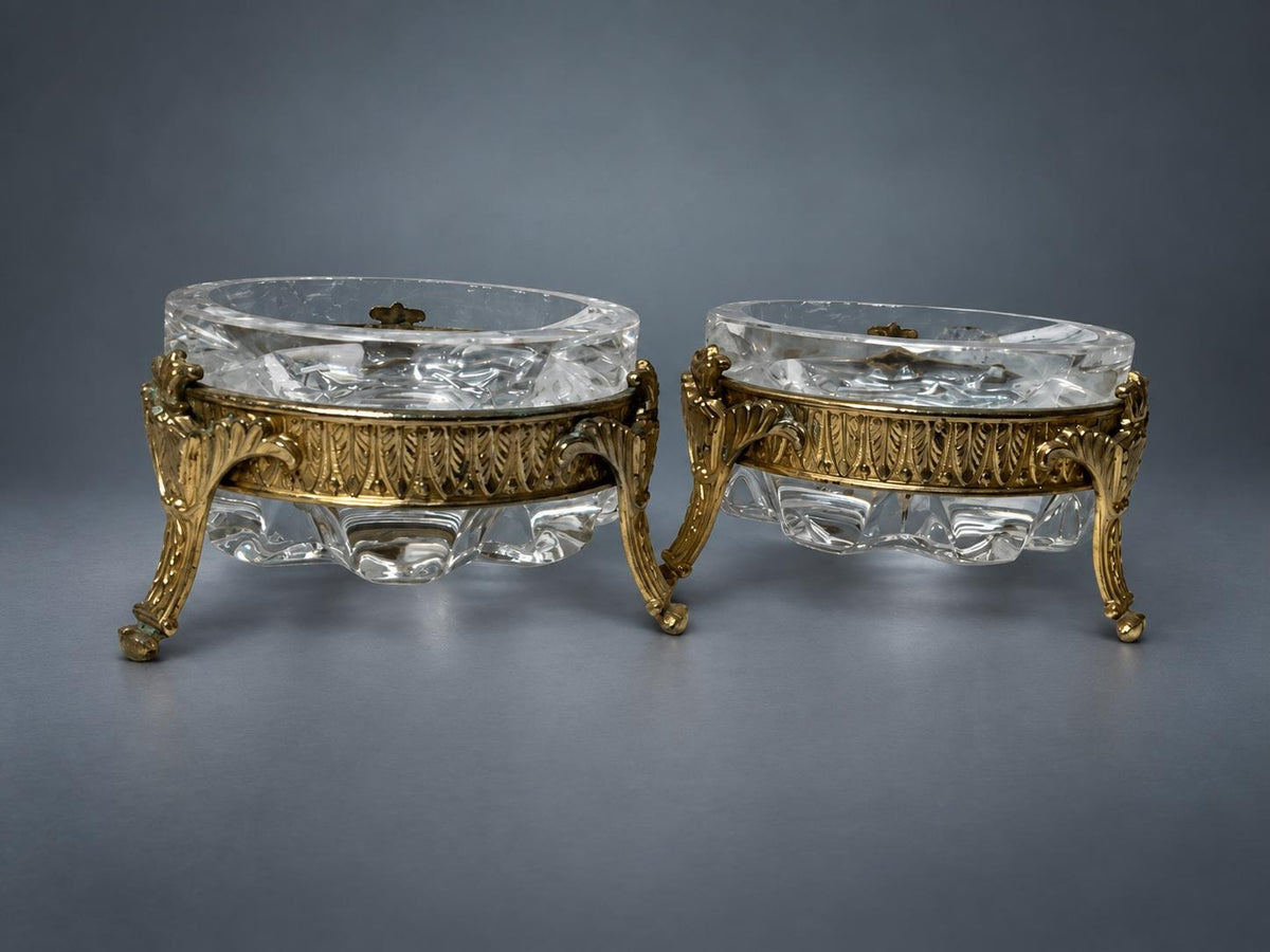 Pair of Gilt Metal Mounted Faceted Glass Trinket Dishes, Three-Footed European Vanity Ware