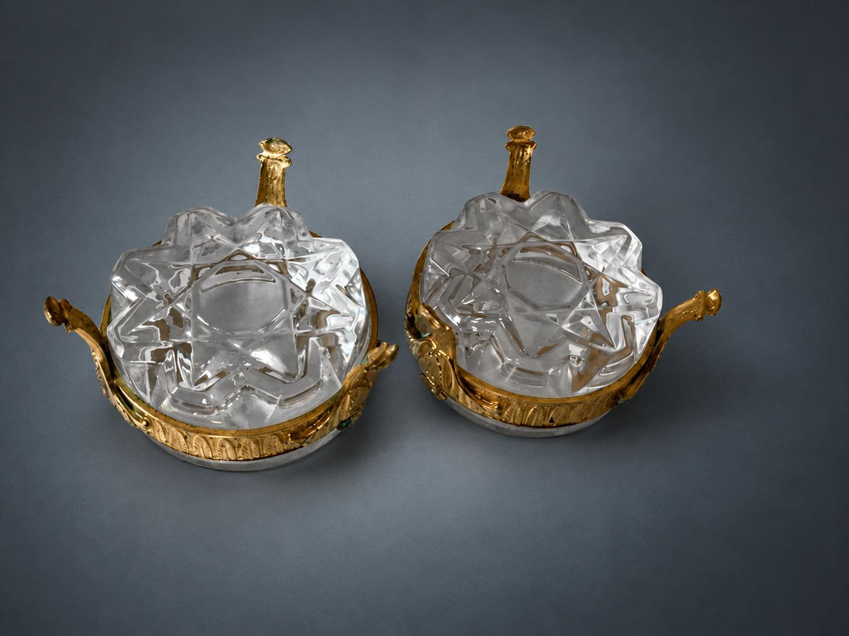 Pair of Gilt Metal Mounted Faceted Glass Trinket Dishes, Three-Footed European Vanity Ware