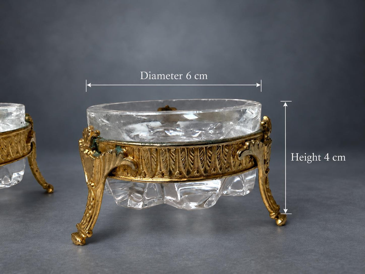 Pair of Gilt Metal Mounted Faceted Glass Trinket Dishes, Three-Footed European Vanity Ware