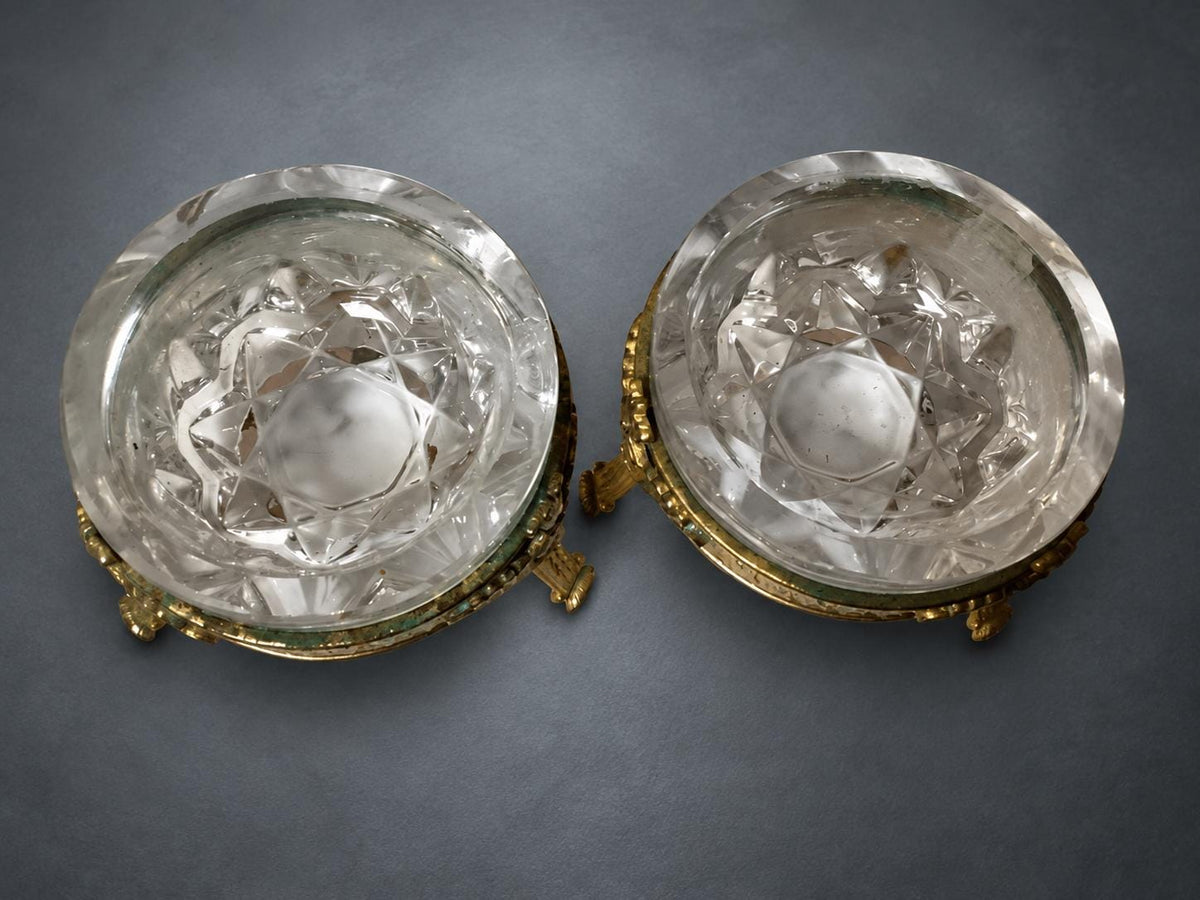 Pair of Gilt Metal Mounted Faceted Glass Trinket Dishes, Three-Footed European Vanity Ware
