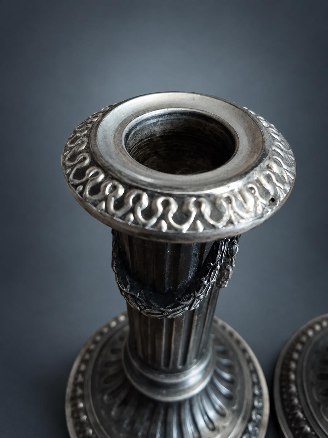 Pair of Napoleon III Style Column Candlesticks, Silver-Tone Metal, Fluted Stems with Ribbon-Tied Garlands, Gadrooned Bases