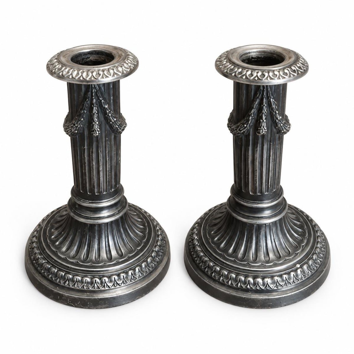 Pair of Napoleon III Style Column Candlesticks, Silver-Tone Metal, Fluted Stems with Ribbon-Tied Garlands, Gadrooned Bases