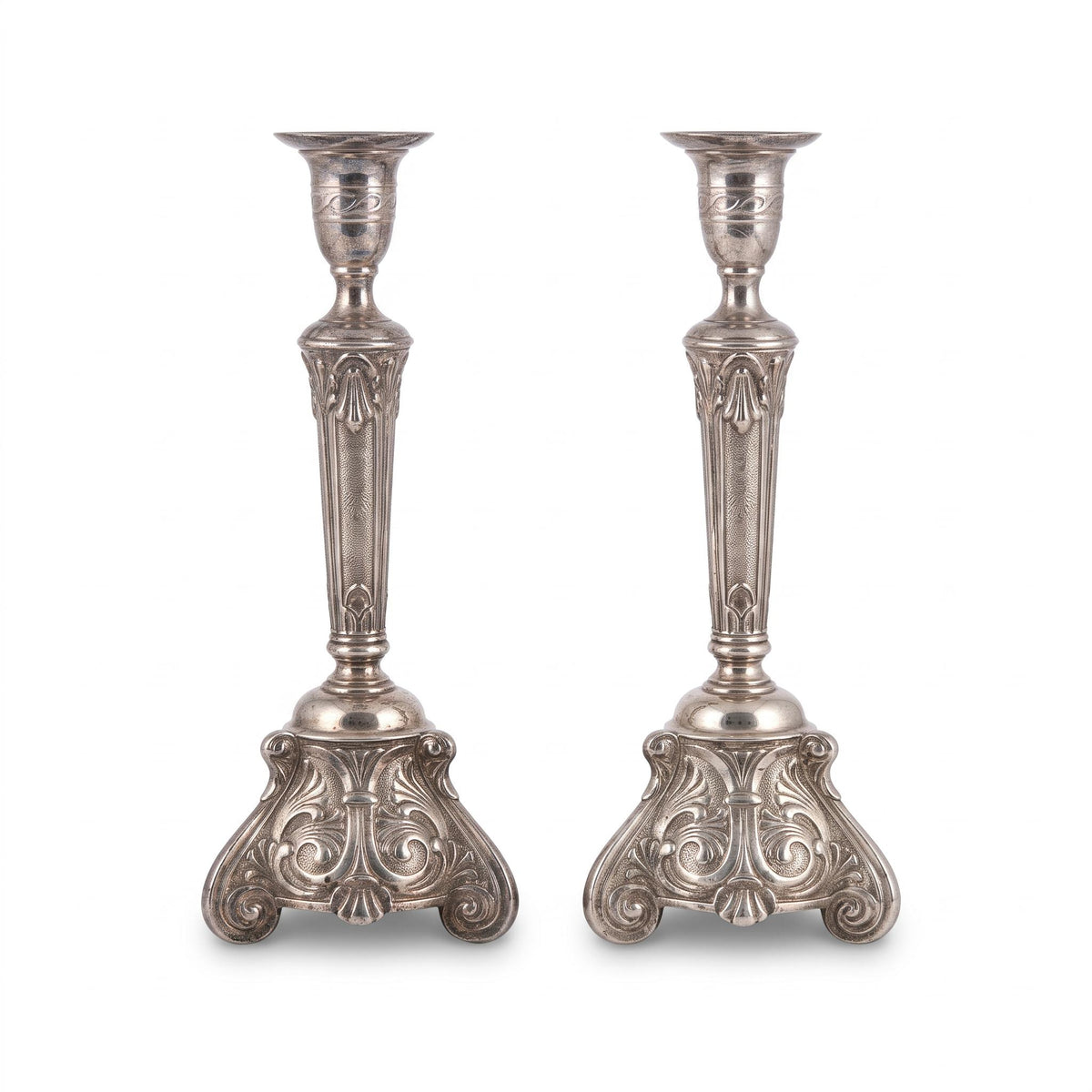 Pair of Baroque Revival Candlesticks, Silver-Tone Metal, Triangular Scroll-Foot Bases with Acanthus Relief, Textured Stems