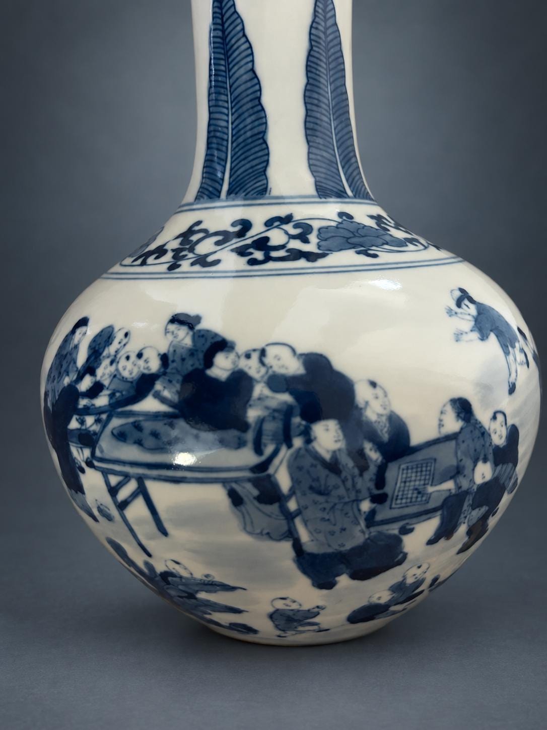 Blue and White Bottle Vase with Figures at Play, Plantain Leaf Neck and Lotus Scroll Shoulder, Chinese Style, 27 cm