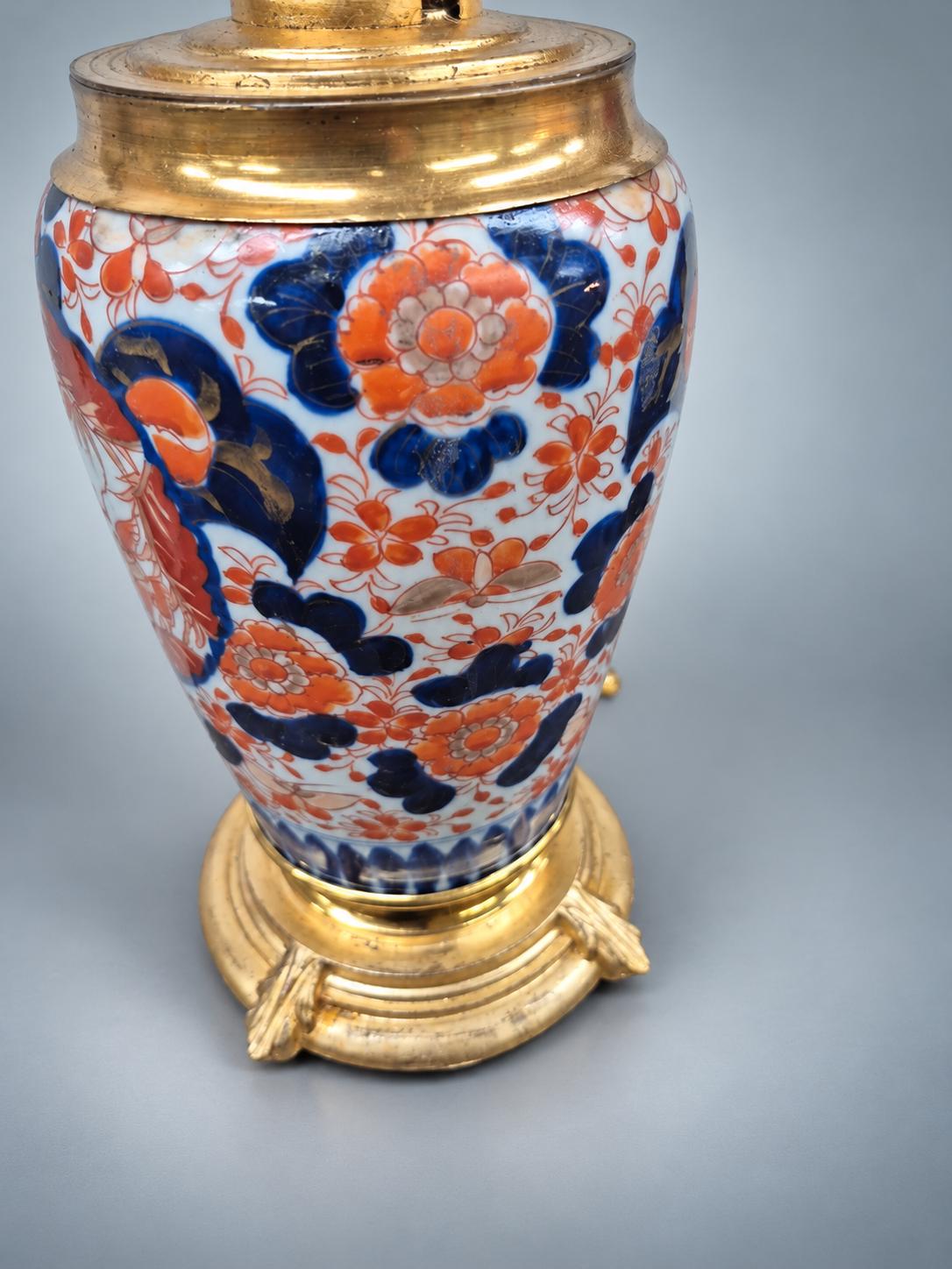 Imari Palette Ceramic Vase Lamp in Gilt Metal Mounts, Pierced Gallery Collar and Scroll-Foot Base, 45 cm