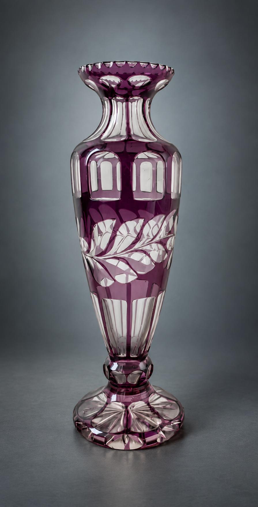 Amethyst Cut-to-Clear Glass Vase, Engraved Leaf Branch and Window Cuts, Sawtooth Rim, Bohemian Style, 26.5 cm